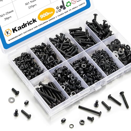 Kadrick 900Pcs M3 Screw Assortment,Machine Screws with Nuts Washers, Grade 10.9 Alloy Steel Hex Socket Button Head Black M3 Bolts Kit,Lenth Form 6mm-25mm - size: M3 900Pcs 6-25mm