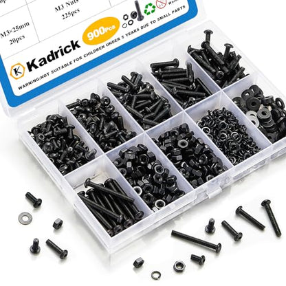 Kadrick 900Pcs M3 Screw Assortment,Machine Screws with Nuts Washers, Grade 10.9 Alloy Steel Hex Socket Button Head Black M3 Bolts Kit,Lenth Form 6mm-25mm - size: M3 900Pcs 6-25mm