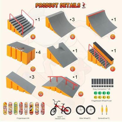 CS COSDDI Finger Skateboard Park Kit, 14 in 1 Skate Park Set with 8 Fingerboards, 14 Ramps, Half Pipe & Finger Bike, Mini Skate Toy for Kids & Adults,Yellow - color: Style -1810-12c