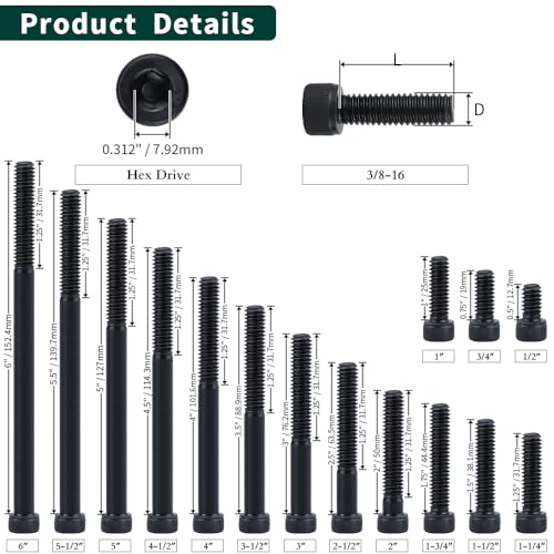 3/8-16 x 5 Socket Head Cap Screws Bolts, 12.9 Grade Alloy Steel, Black Oxide Finish, Allen Hex Drive, Partial Thread, 6 PCS - size: 3/8-16 x 5"
