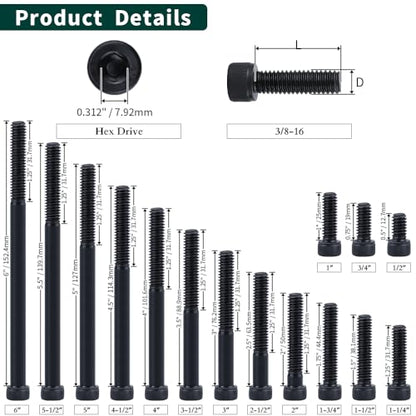 3/8-16 x 5 Socket Head Cap Screws Bolts, 12.9 Grade Alloy Steel, Black Oxide Finish, Allen Hex Drive, Partial Thread, 6 PCS - size: 3/8-16 x 5"