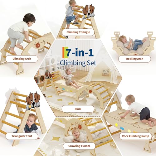 OUTLANE Pikler Triangle Set, 7-in-1 Foldable Wooden Toddler Climbing Toys Indoor, Jungle Gym for Toddlers, Large Montessori Climbing Set with Reversible Slide, Arch Ramp, Ladder & Cushion (Natural) - color: Natural
