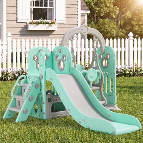 7 in 1 Toddler Slide and Swing Set, Kids Climber Playset with Ball & Hoop | Indoor Outdoor Playground with Storage Space, Flexible Setup, Reinforced Suction Cup Base for Backyard & Home Use - color: Light Green