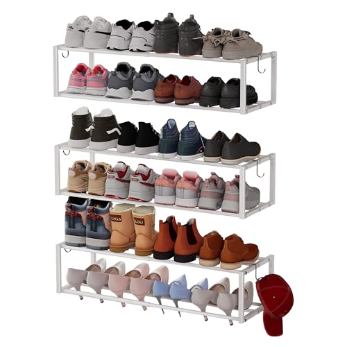 3 Pack Expandable Wall Mounted Shoe Rack, 17"-30"Adjustable Hanging Shoe Rack Holds 18 Pairs, Heavy Duty Metal Shoe Racks Holder with 6 Storage Hooks, Space Saving for Entryway Closet Doorway（White) - color: White, size: 3PACK