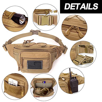 Tactical Fanny Pack, Military Waist Bag Hip Belt Bumbag Utility Bags for Outdoor Hiking Climbing Fishing with U.S Patch (Black+Tan) - color: 2 Pack Black+Tan