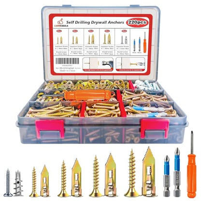 220PCS Self Drilling Drywall Anchors with Screws Kit, Wall Anchors for Drywall, 5-Sizes Metal Expansion Bolt for Dry Wall,110 PCS Sheetrock Anchors and 110 PCS Screws-No Drill Needed