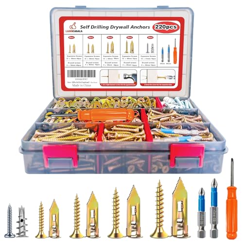 220PCS Self Drilling Drywall Anchors with Screws Kit, Wall Anchors for Drywall, 5-Sizes Metal Expansion Bolt for Dry Wall,110 PCS Sheetrock Anchors and 110 PCS Screws-No Drill Needed