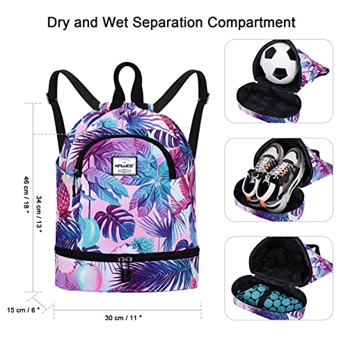 Dry Wet Drawstring Backpack with Shoe Compartment for Women Adjustable Gym Bag - color: Pineapple Colorful