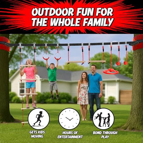 Trailblaze Ninja Warrior Obstacle Course - Ultimate Outdoor Fun 50 Ft Ninja Slackline Climbing Net, Rope Ladder, Trapeze, Swing, Monkey Bars (50ft Single Line Kit – 8 Obstacles) - color: 50ft Single Line Kit - 8 Obstacles
