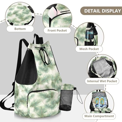 Yuiboo Pine Leafs White Drawstring Gym Bags for Men Women Climbing Gym Bag with Inside Pockets Cinch Sacks Waterproof
