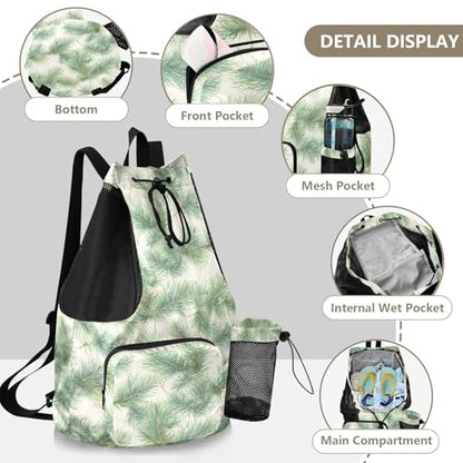 Yuiboo Pine Leafs White Drawstring Gym Bags for Men Women Climbing Gym Bag with Inside Pockets Cinch Sacks Waterproof