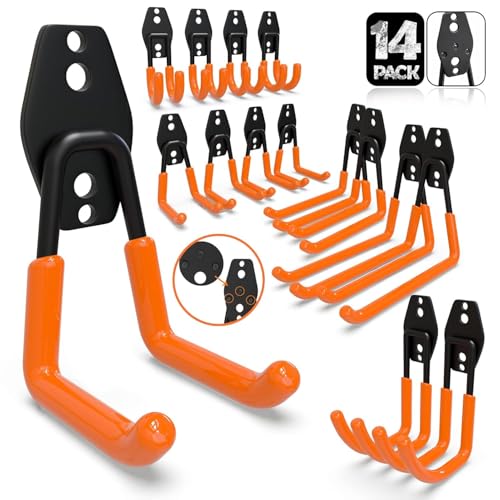 3-H Heavy Duty Garage Hooks, 14 Pack Wall Storage Organizer,Orange | Multi-Purpose Garage Hooks to Organize Garden Lawn Tools, Sports Gear, Ladders, Power Tools & Outdoor Hoses - color: Orange, size: 14