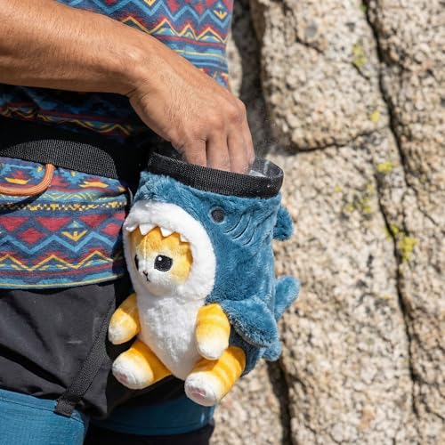 Cat Rock Climbing Chalk Bag, Fun Plush Animal Chalk Pouch with Drawstring, Adjustable Waist Belt for Indoor Outdoor Bouldering Sport Climbing - style: Large Yelllw Shark Cat