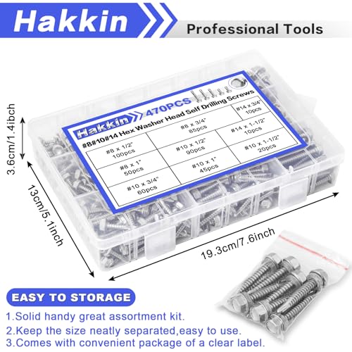 470Pcs Self Tapping Screws for Metal #8#10#14, Hakkin 410 Stainless Steel Self Drilling Screws Assortment Kit, Hex Washer Head Sheet Metal Screws Kit, Tek Screws 1/2" 3/4" 1" 1-1/2", Socket Included - size: 470PCS #8 #10 #14 Self Drilling Screws Silver