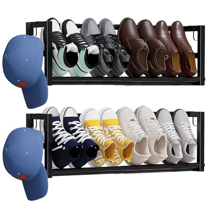 2 Pack Narrow Wall Mounted Shoe Rack for Small Spaces, Hanging Shoe Rack Holds 8 Pairs, 17"-30"Adjustable Heavy Duty Wall Shoe Storage with 4 Storage Hooks,Space Saving for Closet Entryway Door,Black
