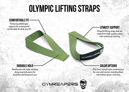 Gymreapers Olympic Lifting Straps for Weightlifting, Snatch, Clean, Powerlifting, Strongman, Deadlifts - Durable Cotton with Reinforced Stitching (Pair) - color: Military Green