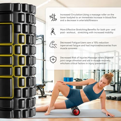 Foam Roller 13" High-Density Deep Tissue for Muscle Recovery | Patented Muscle Roller for Muscle Massage and Myofascial Trigger Point Release Back Roller for Fitness, Yoga, Pilates, Black - color: Black