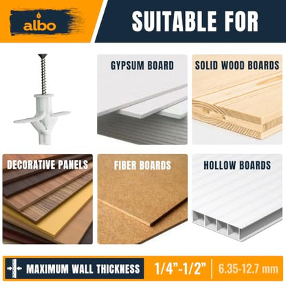 ALBO Drywall Anchor Kit Hollow Wall with Screws 50 pcs. (White Anchor 25pcs + Screws 25pcs) Plastic Hollow Wall Drilling Anchors - color: White 25pcs