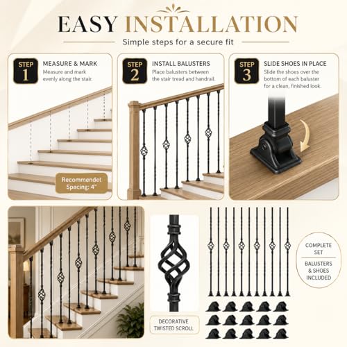 10 Pack 44 Inch Double Twist Iron Balusters with Swivel Shoes | Hollow 1/2 inch wrought iron balusters with double twist baskets and swivel shoes for angled or flat indoor stairs.