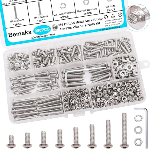 380PCS M4 Screw Kit, M4 x 6/8/12/16/20/25/30mm Button Head Socket Cap Screws Bolts Nuts Washers Assortment Kit, 304 Stainless Steel M4 Bolts with Hex Wrench - size: SS M4 x 6/8/12/16/20/25/30mm, style: Button Head