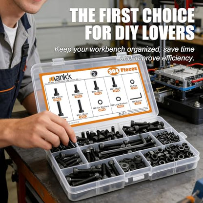 mankk 304PCS M5 Screws Kit M5 x 8/12/16/20/30/35mm Hex Socket Head Cap Bolts Nuts & Washers Assortment Kit 12.9 Grade Alloy Steel Machine Screws - size: M5, style: Hex Socket Cap