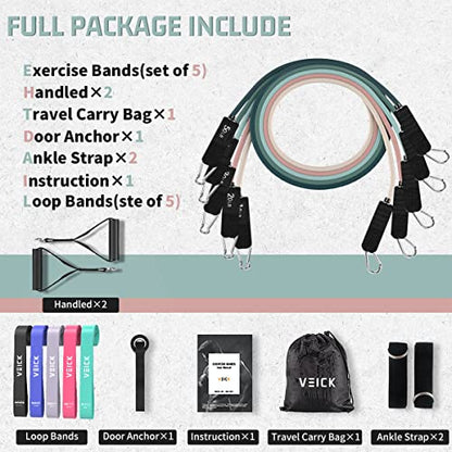 VEICK 10-150LBS Resistance Bands with Handles, Ankle Straps, Door Anchor | Accredited Lab Certified, 100% Natural Latex, Versatile for Yoga, Pilates, Strength, Home Gym - color: Macaron, style: 10-150LBS + 5 Loop Bands