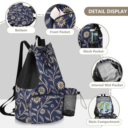 Drawstring Bags Climbing Gym Bag With Pockets Cinch Back Sack Wet and Dry Separation Sunflower Dark Blue
