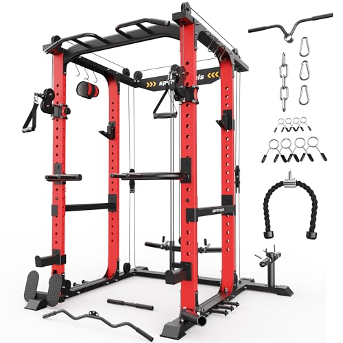 SPORTSROYALS Power Rack, Multi-Functional Power Cage, Squat Rack with Pulley System & LAT Pull Down, Workout Cage with J Hooks for Home Gym - color: Ruby Red, style: Power Cage Only