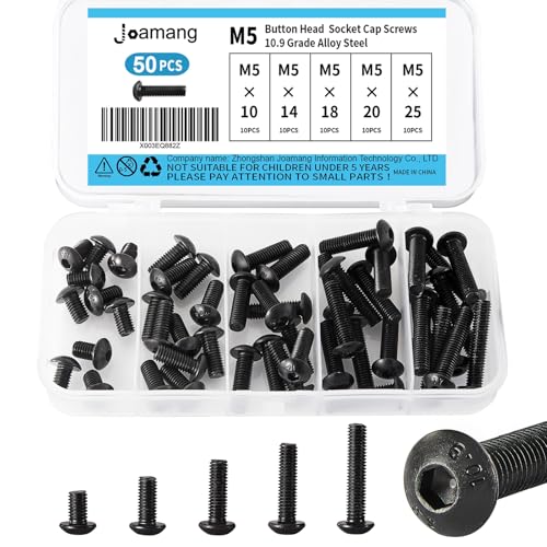 M5 x 10mm 14mm 18mm 20mm 25mm Button Head Socket Cap Screws Bolts, 10.9 Grade Alloy Steel, Black Oxide Finish, Metric Allen Hex Drive, Fully Threaded, Assortment Kit 50Pcs - size: Button M5x10-25 mm