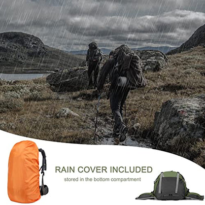 Loowoko 50L Hiking Backpack, Waterproof Camping Essentials Bag with Rain Cover, 45+5 Liter Lightweight Backpacking Back Pack - color: Green