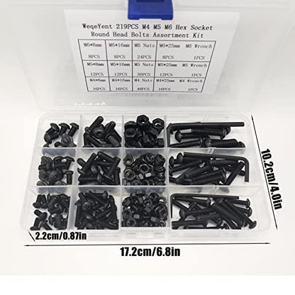 219 Pcs M6/M5/M4 Black Button Head Nuts and Bolts, Socket Cap Screws Nuts Assortment Kit, Allen Hexagon Round Mushroom Machine Screws Assortment Set - size: Black Round Head