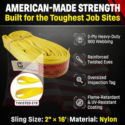 DD Sling (USA Made). 2" wide X (4' to 20' lengths) in Listing! 2 Ply Twisted Eye, Nylon Lifting Slings, Eye & Eye, Heavy Duty (900 webbing), 6,400 lbs Vertical, 5,100 Choker, 12,800 Basket Load Capacity (2inX16ft) | 6,400 lb Vertical, 5,100 lb Choker, 12,