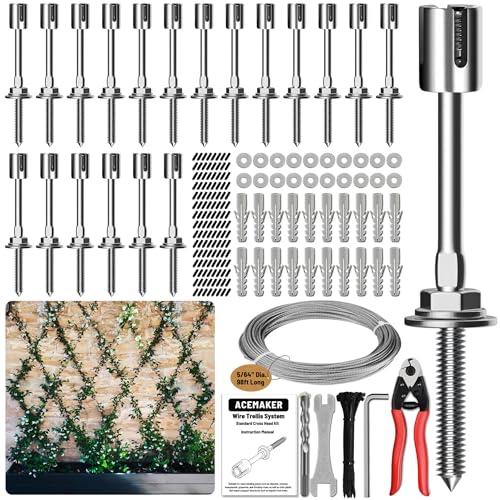 Wire Trellis Kit, 20-Set 5/64” Crosshead with Cutter & 98ft Cable | T316 Marine Grade Stainless Steel, Wall-Mounted Cable Trellis for Climbing Plants Outdoor, Garden Fence Espalier System - size: 20 Sets