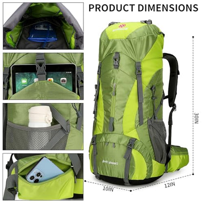 Hiking Backpack for Men and Women 70L+5L Waterproof Lightweight Camping Daypack with Rain Cover for Outdoor Travel Mountaineering - Frameless (Green) - color: Green