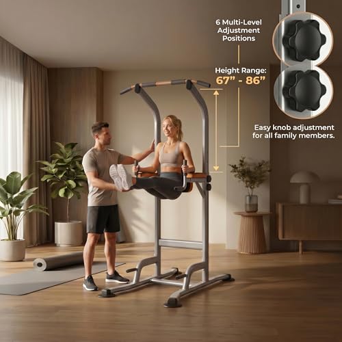 Multi-Function Power Tower Pull Up Bar Station with Pilates Resistance Bands, 450LBS Stable Pull Up Dip Station with Push Up Handles for Home Gym Strength Training Equipment - color: Grey