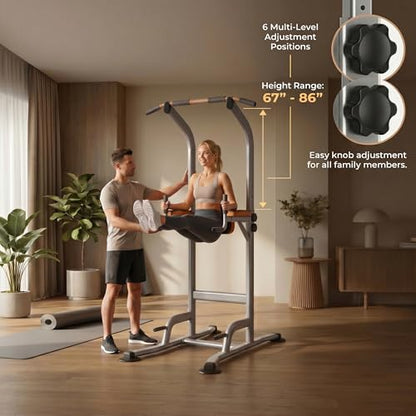 Multi-Function Power Tower Pull Up Bar Station with Pilates Resistance Bands, 450LBS Stable Pull Up Dip Station with Push Up Handles for Home Gym Strength Training Equipment - color: Grey