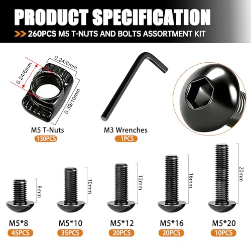mankk 260PCS M5 T-Nuts and Bolts Assortment Kit for 2020 Aluminum Extrusion | M5 screws 8–20mm, hex socket bolts, T-slot sliding nuts, equipped with matching allen wrench - size: M5 Kit