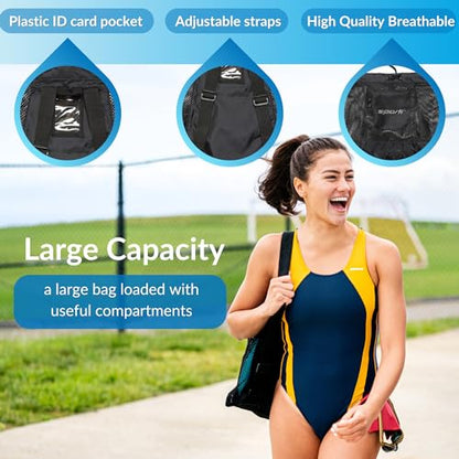 Sporti Swimming Equipment Bag Zipper Pocket, Mesh Drawstring Backpack, Drawstring Bags, Big Mesh Backpack for Workout Gear - color: Equipment - Black, style: 4. Two Shoulders & Pockets