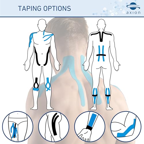 axion Kinesiology Tapes PRECUT Black Beige | 50 Pre-Cut Sport Tape Strips 10x2 in | Waterproof • Skin-Friendly • Elastic | Kinesiology Tapes Ideal for Sports - color: 06) 50 Strips Black/Blue