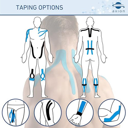 axion Kinesiology Tapes PRECUT Black Beige | 50 Pre-Cut Sport Tape Strips 10x2 in | Waterproof • Skin-Friendly • Elastic | Kinesiology Tapes Ideal for Sports - color: 06) 50 Strips Black/Blue
