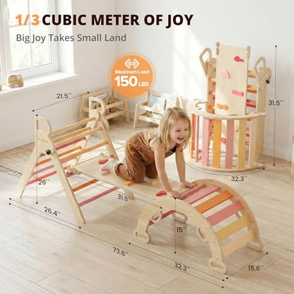 BlueWood Pikler Triangle Set, Toddler Climbing Toys Indoor 7in1 Foldable | Wooden Climber for Kids, Montessori Philosophy Play Jungle Gym with Arch, Ramp, Ladder (Farm Charm Autumn) - color: Farm Charm Autumn