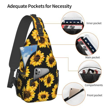 Sunflower Crossbody Sling Bag for Women Men Cute Yellow Flowers on Black Background Travel Sling Backpack Casual Chest Shoulder Bag Lovely Summer Floral Print Gym Sports Hiking Daypack - color: Yellow Black