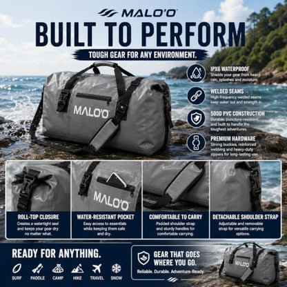 Malo’o Waterproof Dry Duffel, Heavy-Duty Roll Top Waterproof Gear Bag with Shoulder Strap & Molle Loops, Marine Duffel for Kayaking, Boating, Camping, Beach & Travel, Dark Green, 40L - color: Dark Green, size: 40L