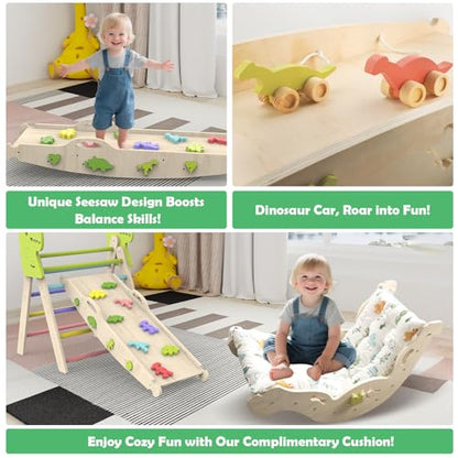 12 in 1 Pikler Triangle Set with Cushion, Montessori Toddler Climbing Toy | Wooden Indoor Climbing Gym, Rope Ladder, Shape Sorter, Push Car, Baby Activity Toy, Motor Skills Development, Dinosaur Design