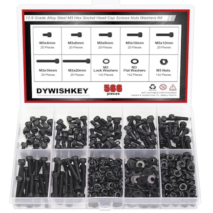 DYWISHKEY 566 Pieces M3 Black Screws, 12.9 Grade Alloy Steel M3x 4/6 /8/10 /12/16 /20mm Hex Socket Head Cap Screws Bolts Nuts Washers Assortment Kit - size: M3, style: Socket Head
