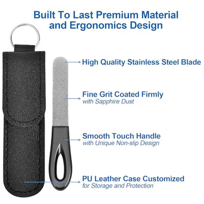 Metal Nail File with Case, 2 Pack Keychain Nail Files for Natural Nails, Fingernail Files Diamond Round Tip Stainless Steel Double Sided Fine Grit Sapphire Filer with Leather Sheath Travel Black - size: 2 Pack 3.6 in Gunmetal/Black Keychain