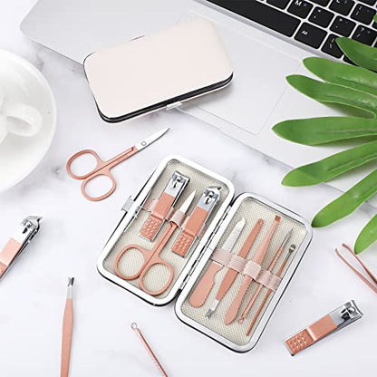 Geosar 12 Sets Manicure Set Nail Clippers Pedicure Kit 8 in 1 Grooming Stainless Steel Kits Nail Care Tools with Travel Case for Employee Coworker Teachers Nurse Gifts(Rose Gold) - color: Rose Gold