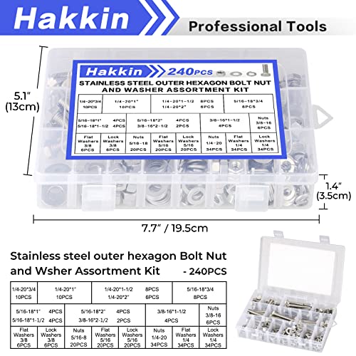 Hakkin 240Pcs Hex Bolts and Nuts Kit Stainless Steel Spring Washers Assortment Kit, 1/4" 5/16", 3/8" 10 SAE Sizes Machine Screws Set with Storage Case - size: 240PCS 1/4-20 5/16-18 3/8-16 Hex Bolts Silver