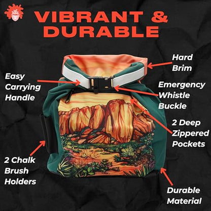 Rock Climbing Chalk Bucket | for Bouldering Gym & Outdoor Use | Durable Hook & Loop Closure, 2 Zippered Pockets, Easy-Carry Handle - style: Hueco Tanks