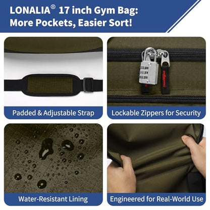 30L Gym Sport Duffle Bag - 17 inch Carry on Weekender Overnight Bag for Travel, Workout, Fitness (Olive Green-30L) - color: Olive Green